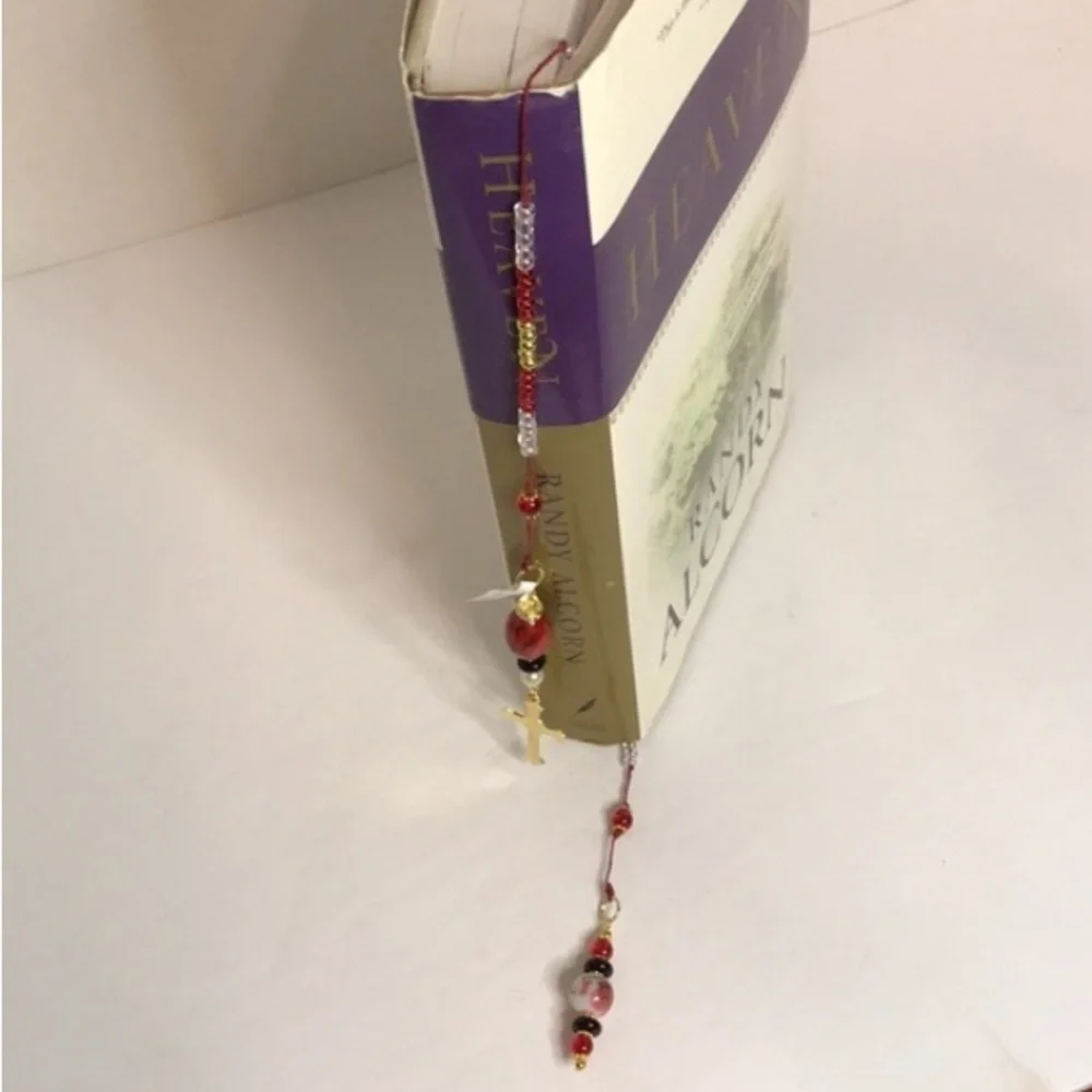 ECCENTRIC HANDCRAFTED Red/White/Black Beaded Bookmark w/Golden Cross